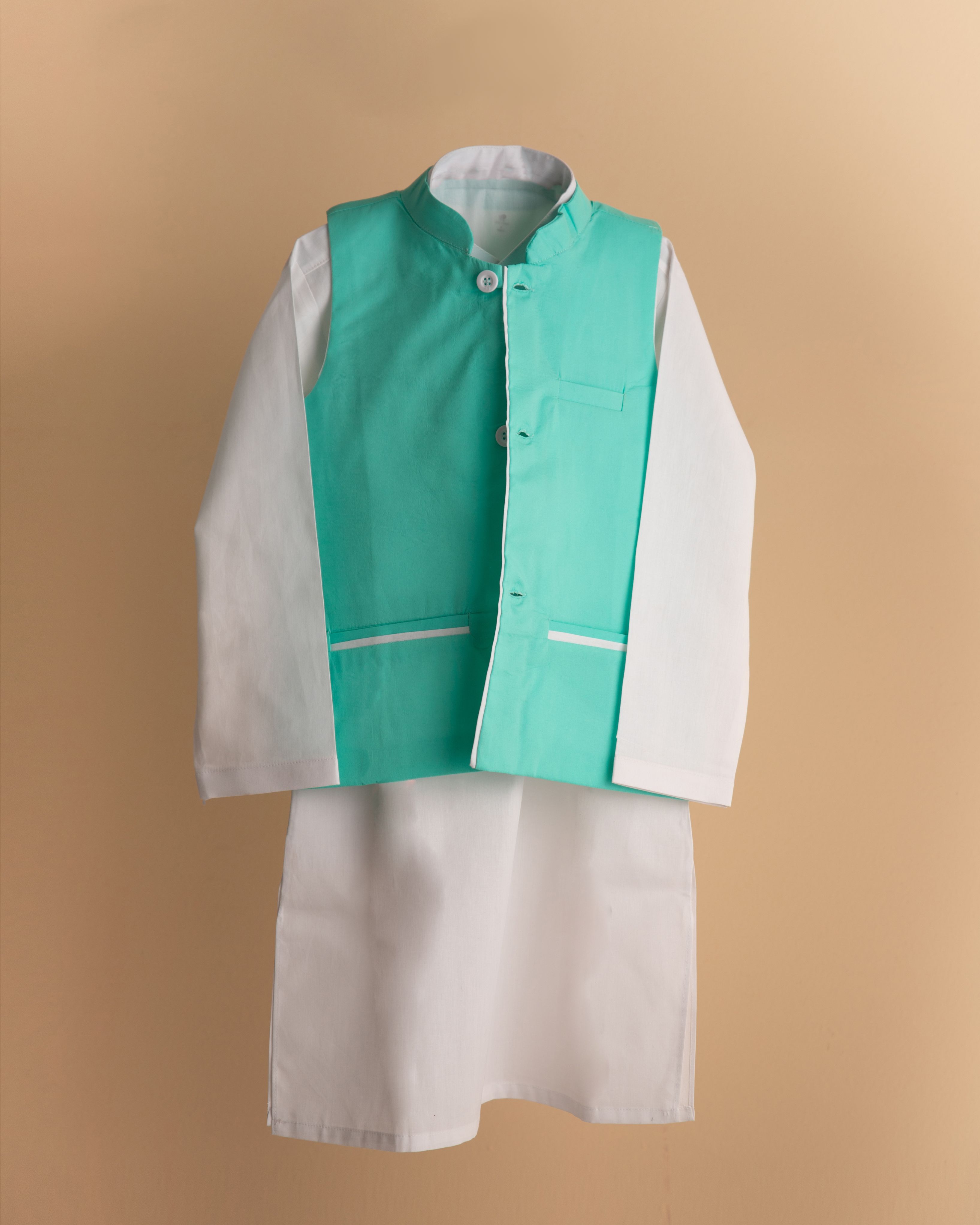 White Kurta, Trouser With Tiffany And White Detailed Waistcoat