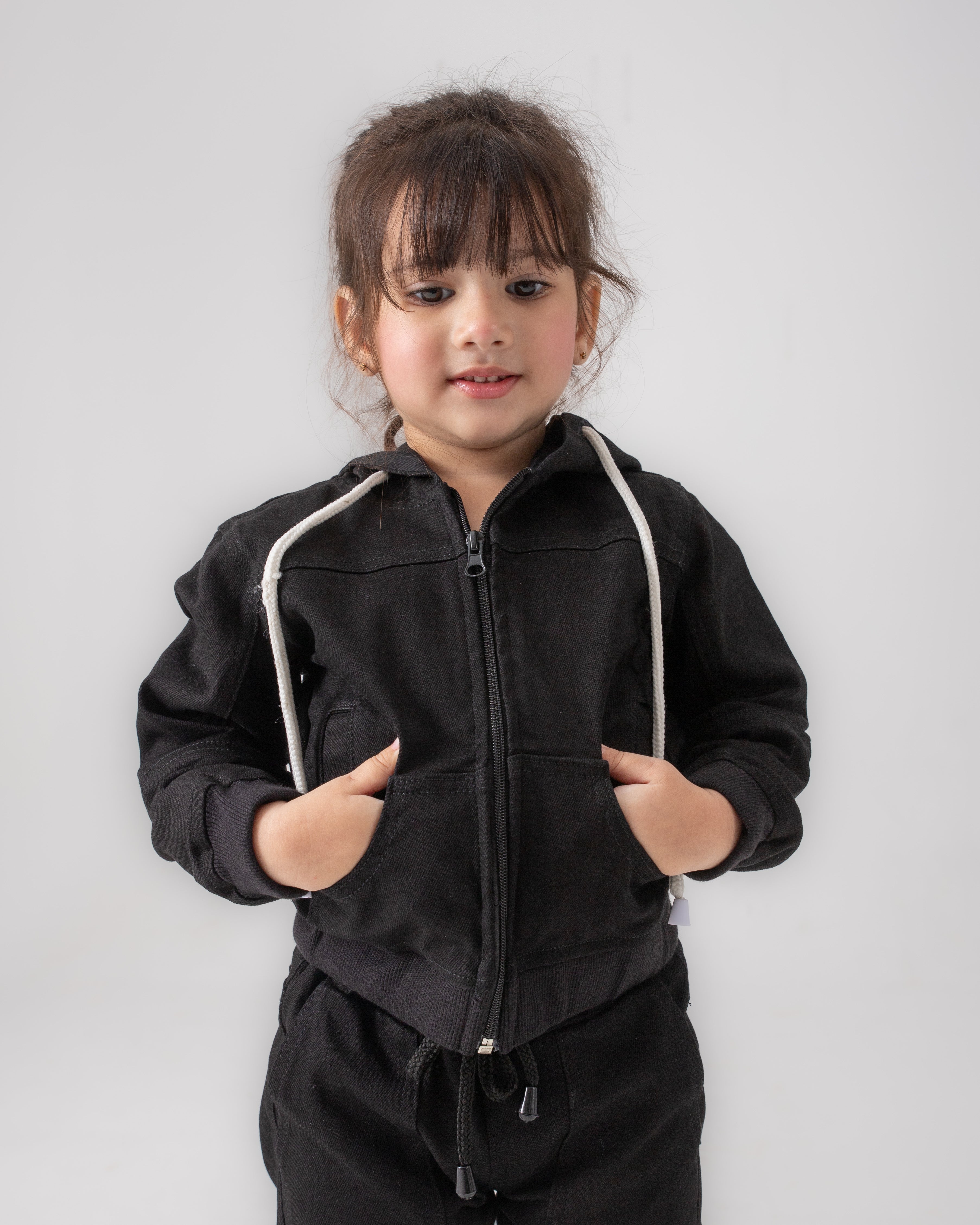 BOYS AND GIRLS BLACK DENIM ZIP-UP HOODIE