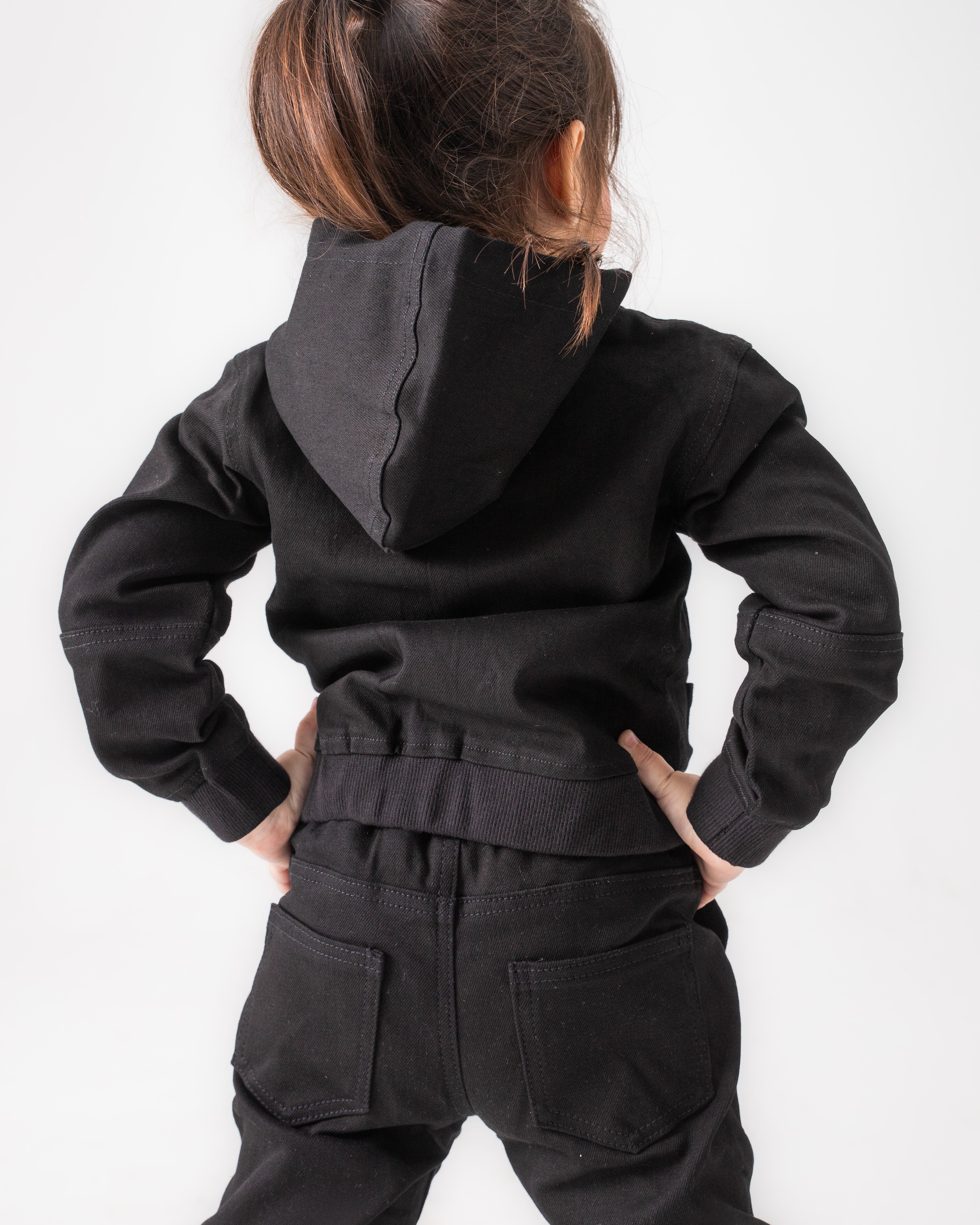 BOYS AND GIRLS BLACK DENIM ZIP-UP HOODIE