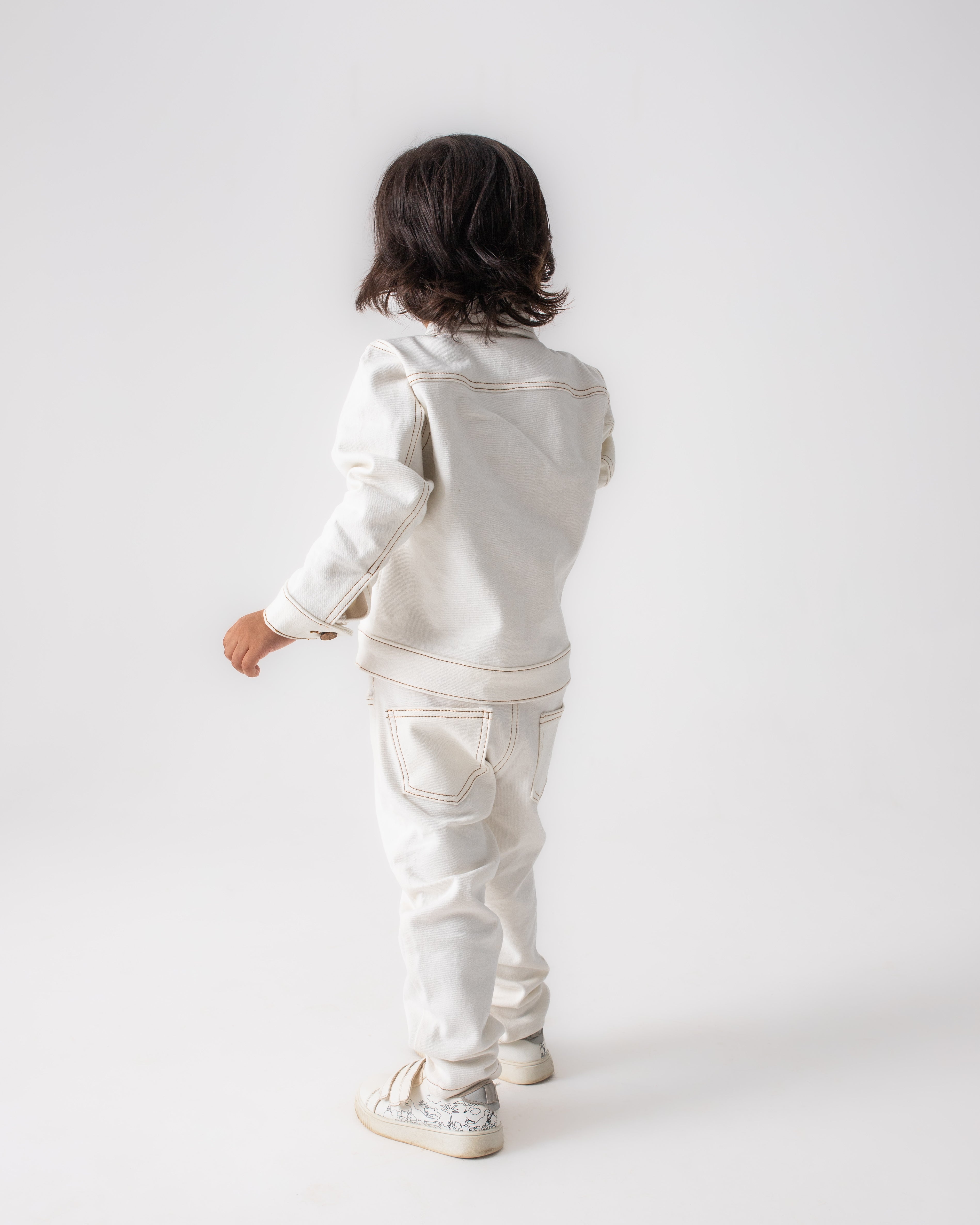 WHITE PLEATED JACKET WITH BROWN THREADWORK AND WHITE PANTS CO-ORD SET