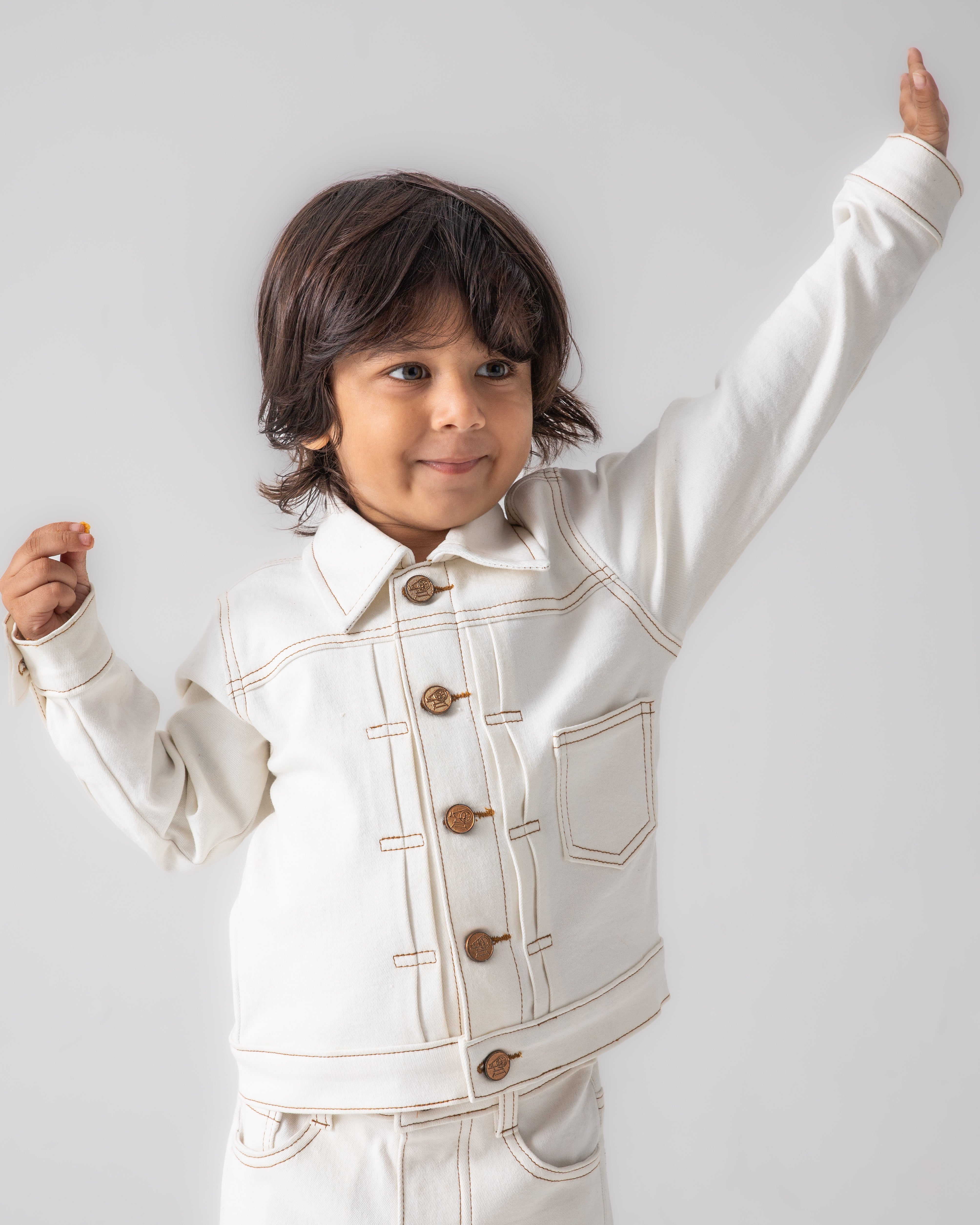 WHITE PLEATED JACKET WITH BROWN THREADWORK AND WHITE PANTS CO-ORD SET