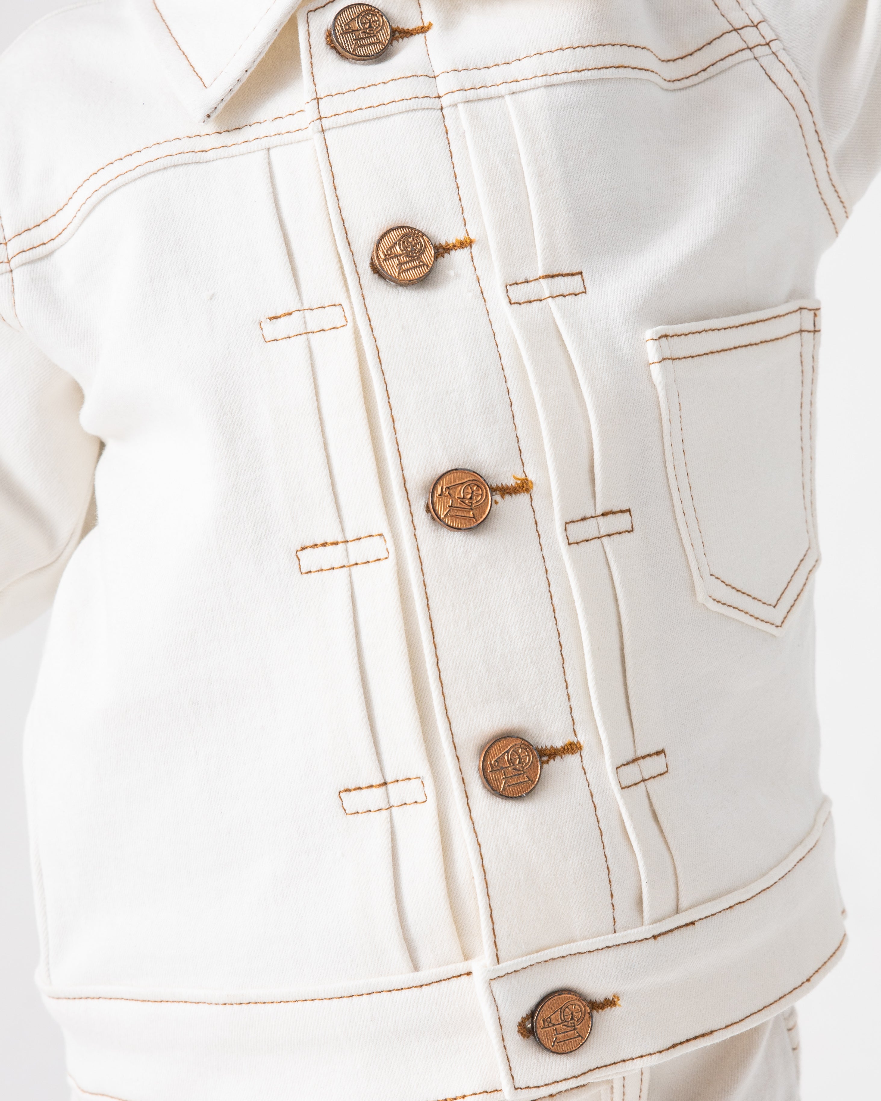 WHITE PLEATED JACKET WITH BROWN THREADWORK AND WHITE PANTS CO-ORD SET