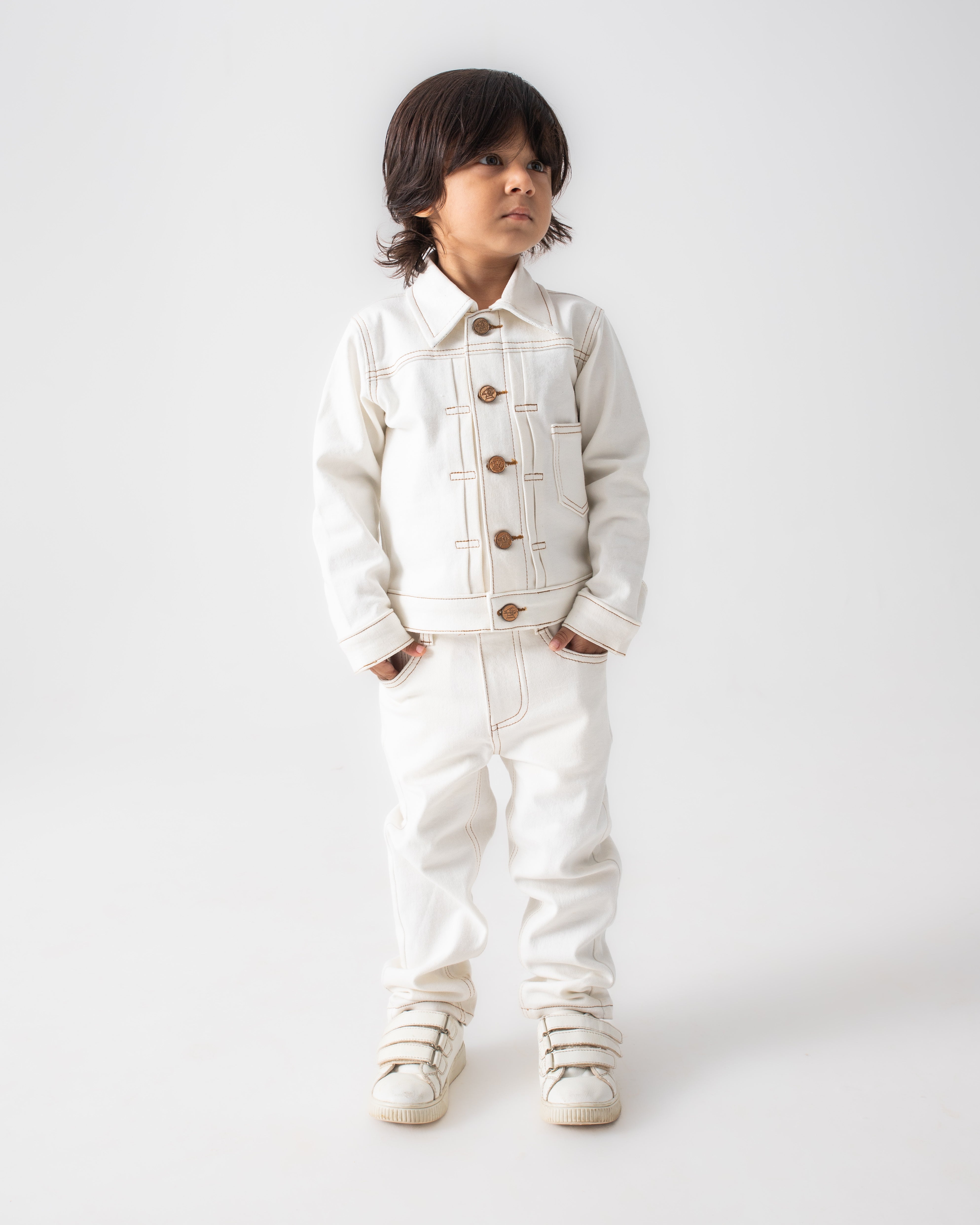 WHITE PLEATED JACKET WITH BROWN THREADWORK AND WHITE PANTS CO-ORD SET