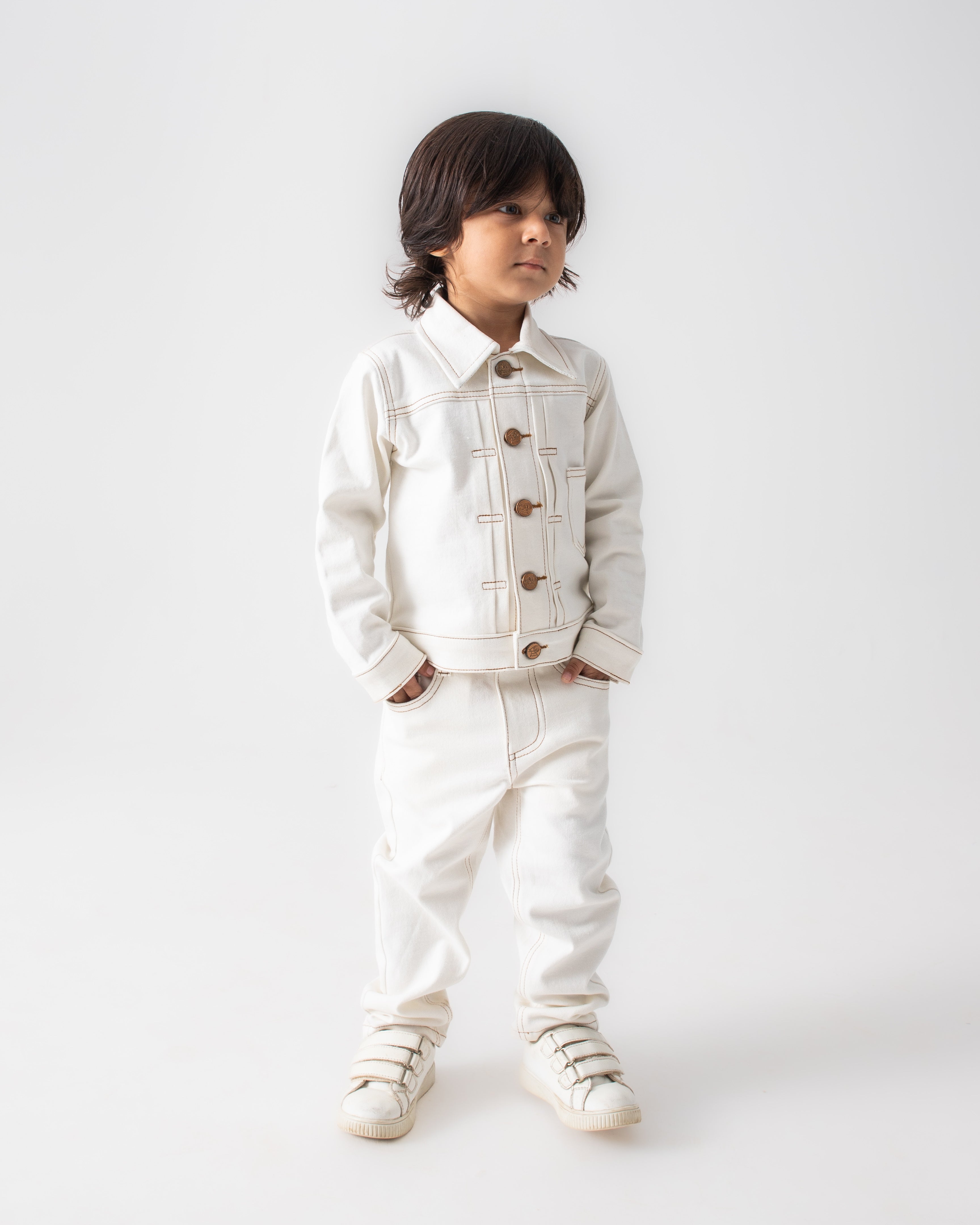 WHITE PLEATED JACKET WITH BROWN THREADWORK AND WHITE PANTS CO-ORD SET