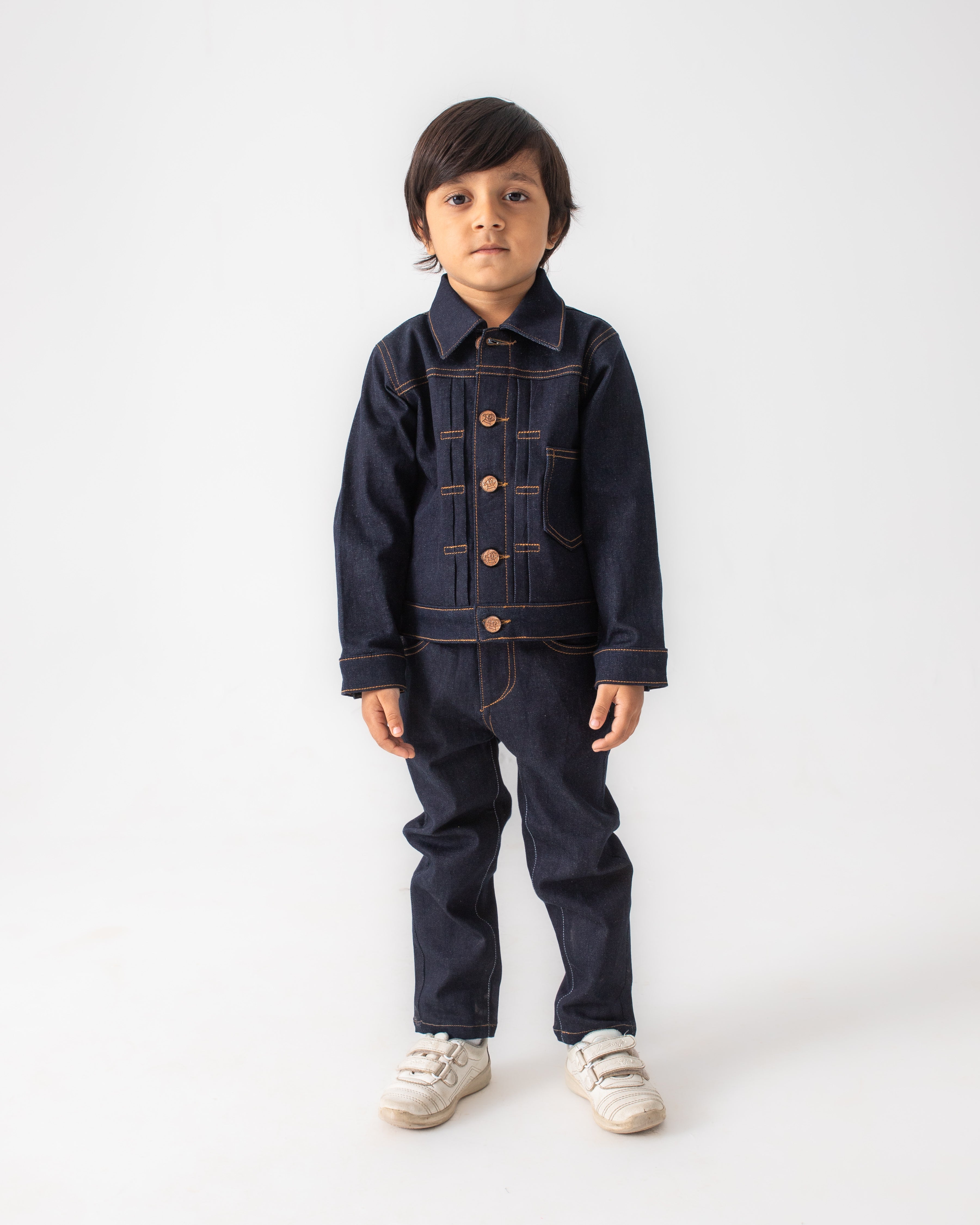 DARK BLUE RINSE PLEATED JACKET WITH MATCHING PANT CO-ORD SET