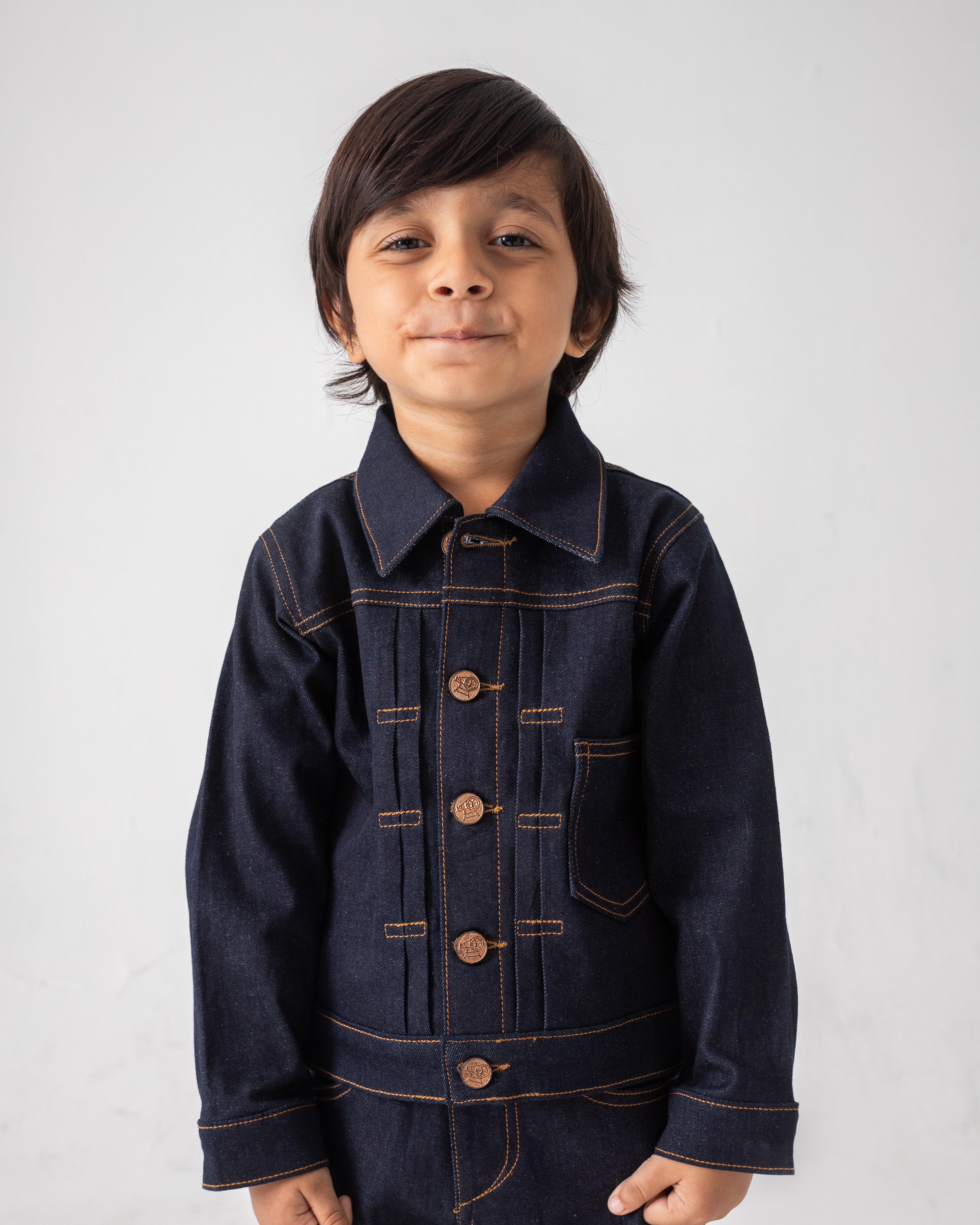 DARK BLUE RINSE PLEATED JACKET WITH MATCHING PANT CO-ORD SET