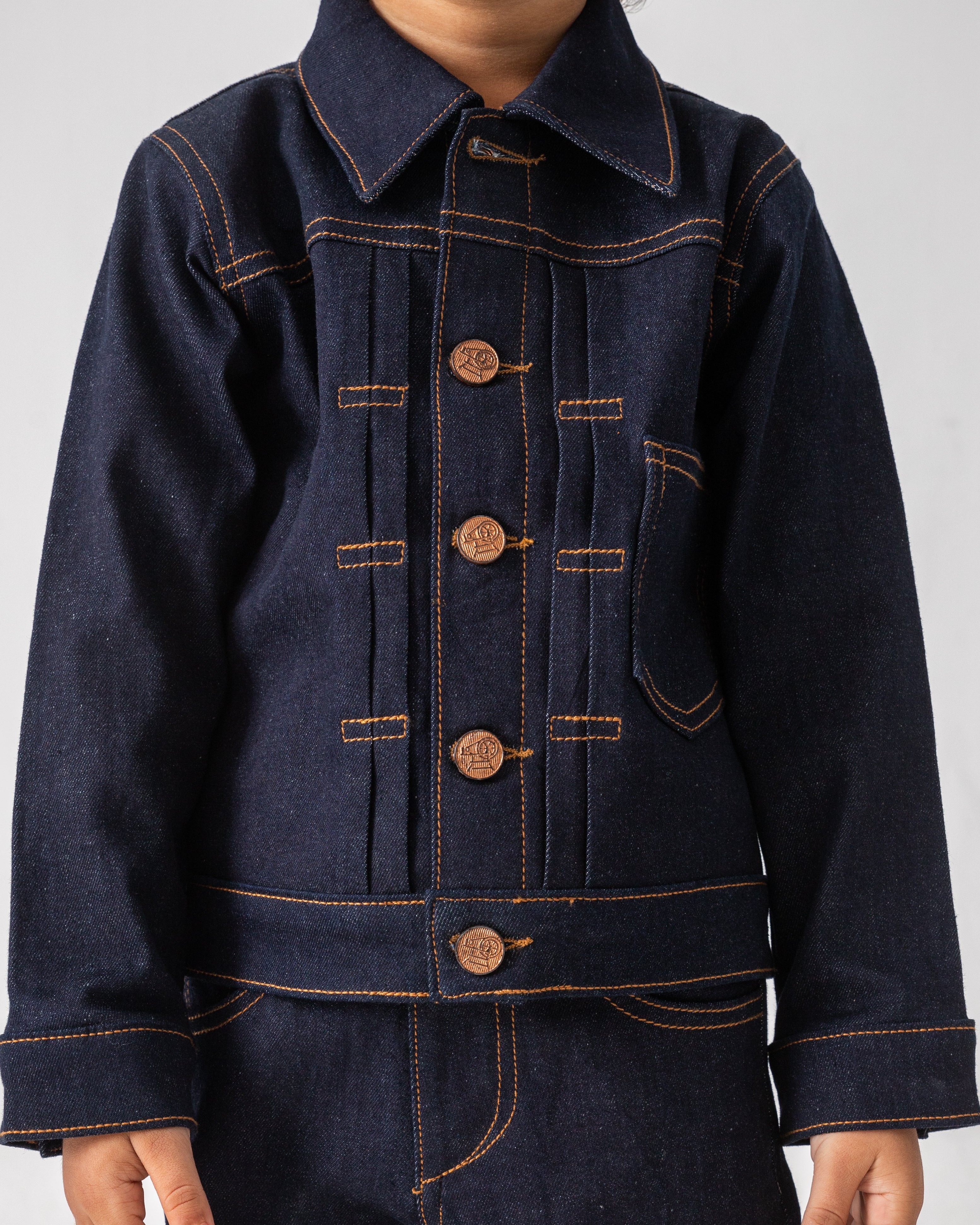DARK BLUE RINSE PLEATED JACKET WITH MATCHING PANT CO-ORD SET