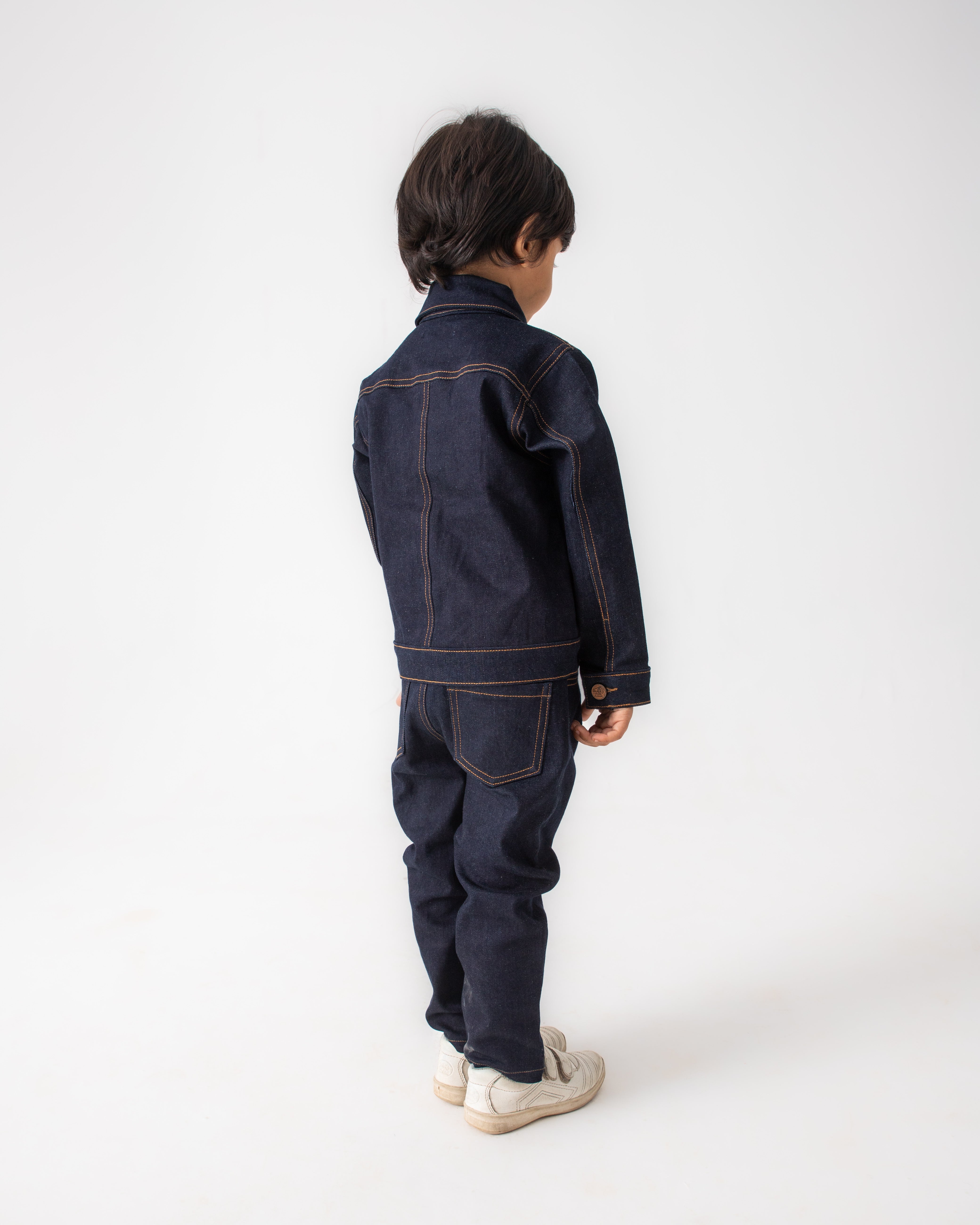 DARK BLUE RINSE PLEATED JACKET WITH MATCHING PANT CO-ORD SET