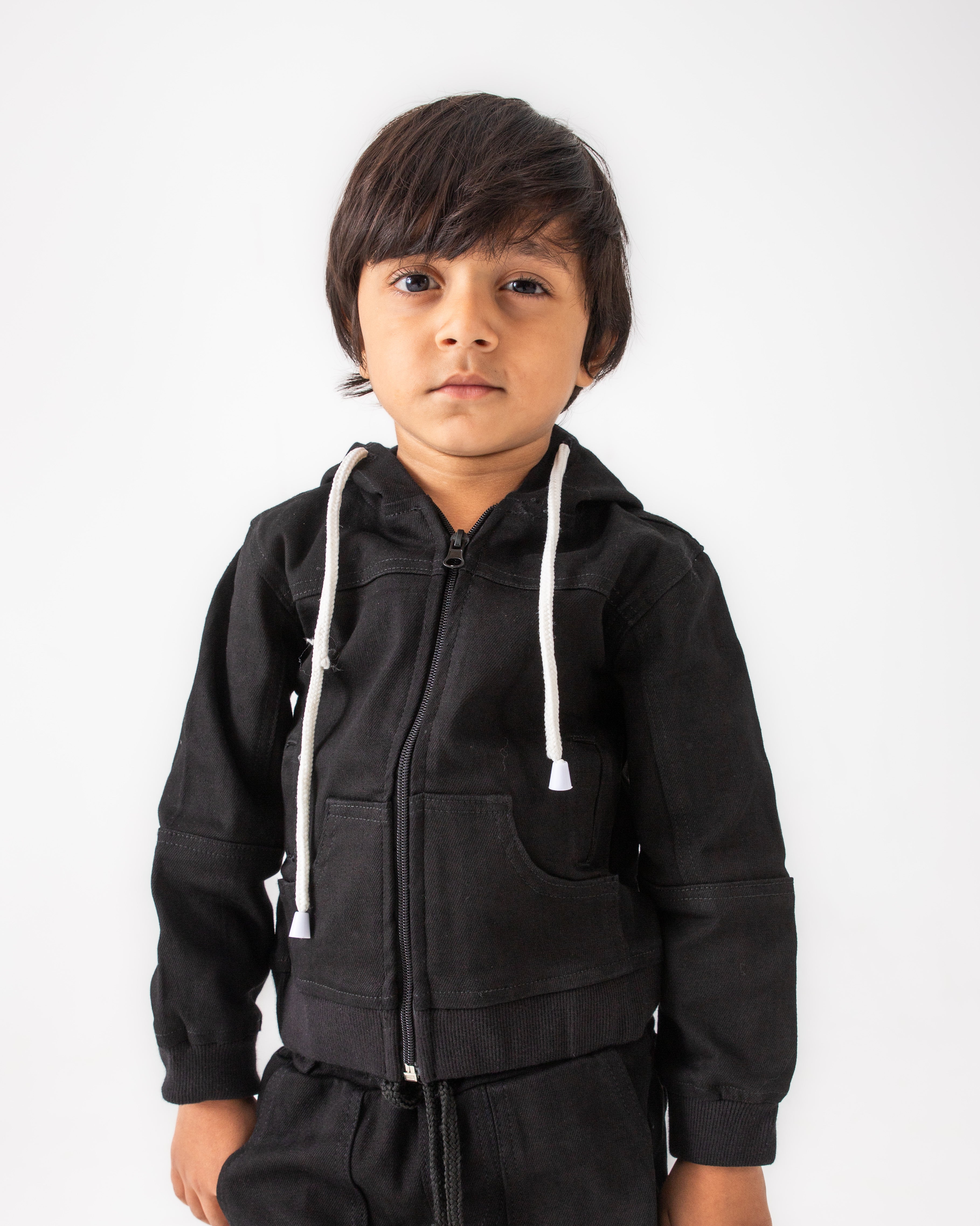BOYS AND GIRLS BLACK DENIM ZIP-UP HOODIE