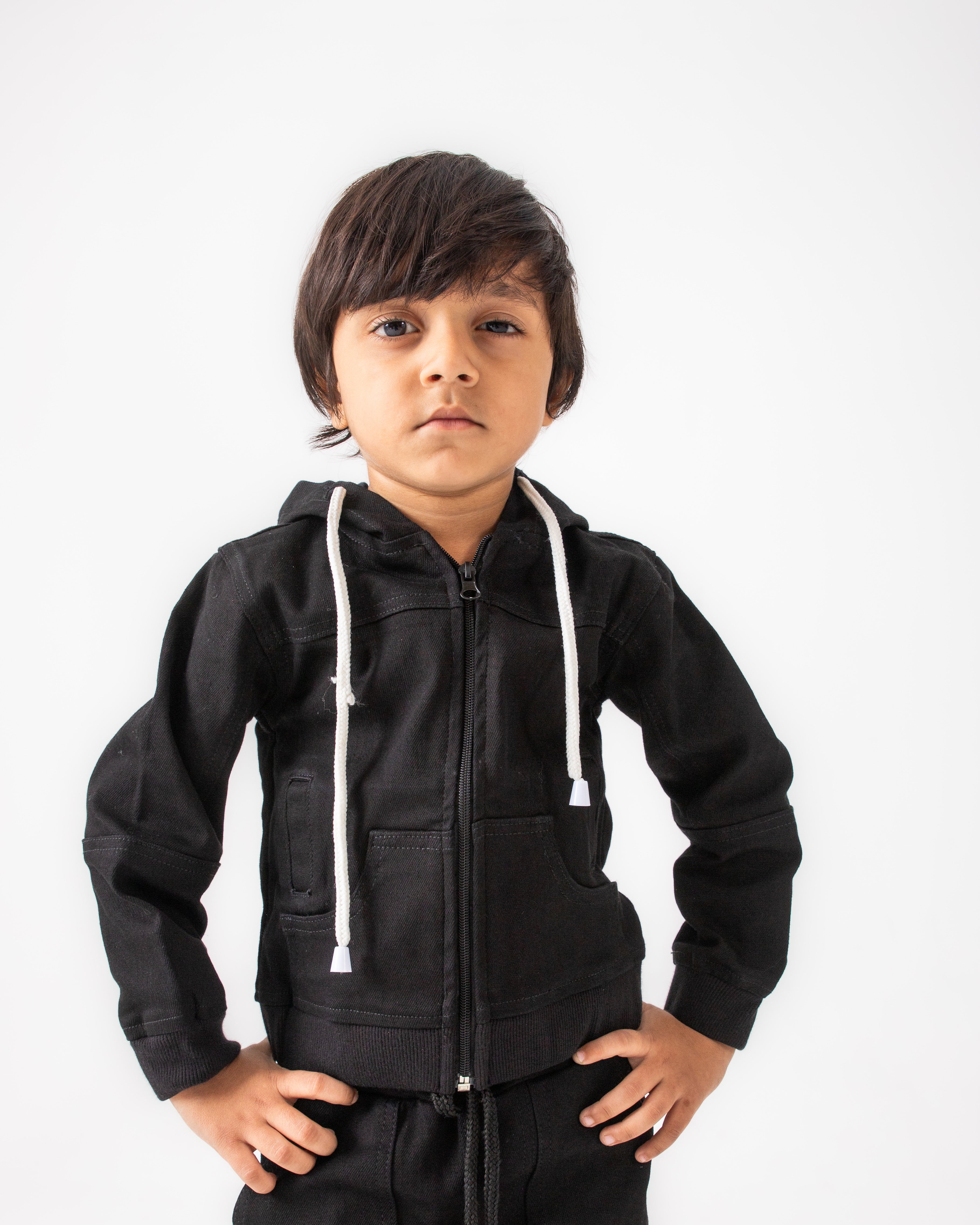 BOYS AND GIRLS BLACK DENIM ZIP-UP HOODIE