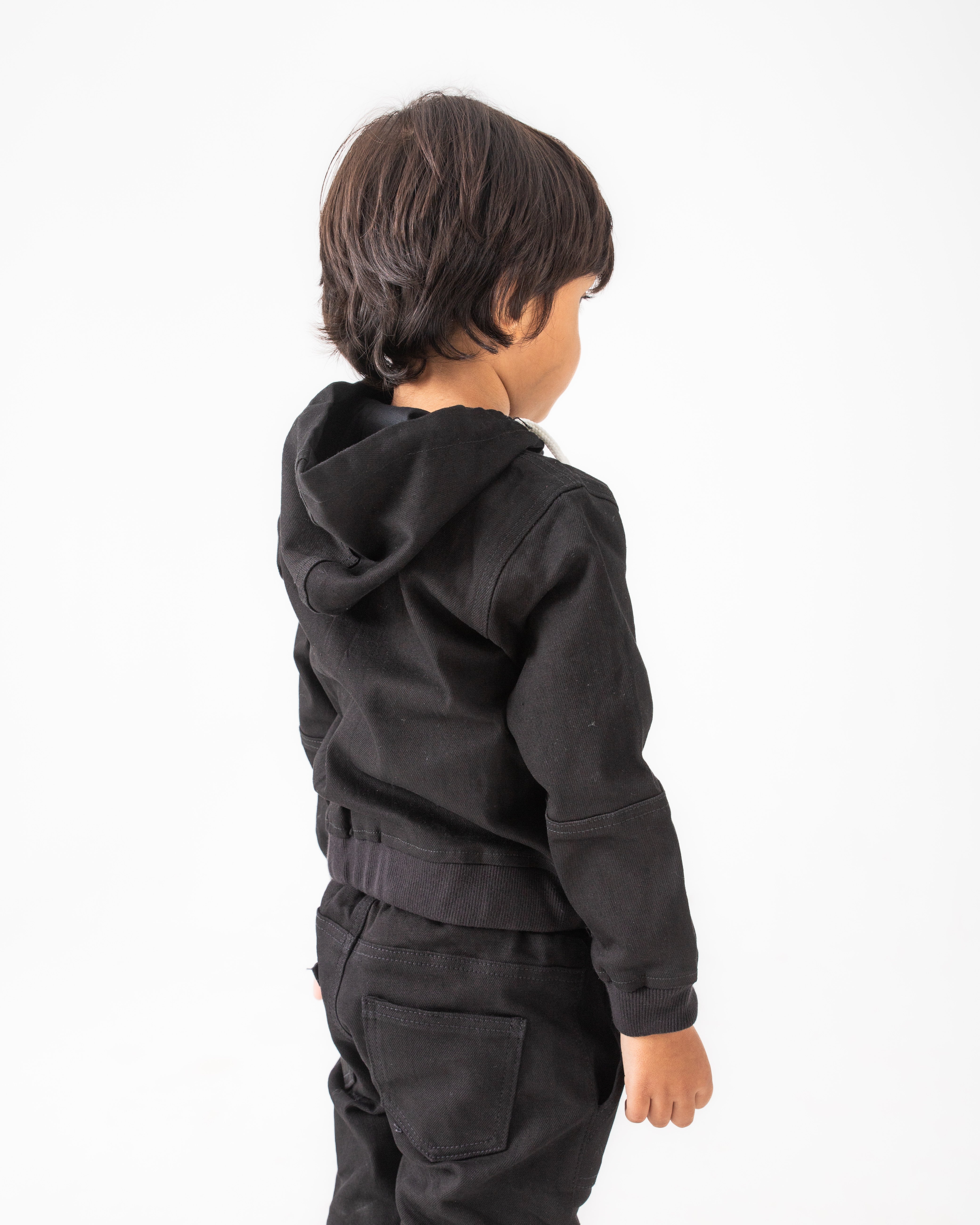 BOYS AND GIRLS BLACK DENIM ZIP-UP HOODIE