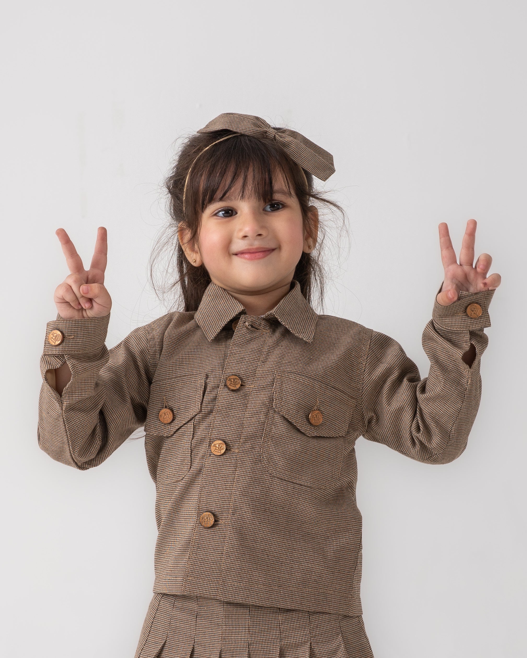 Brown Patterned Girls Jacket with Loom Buttons