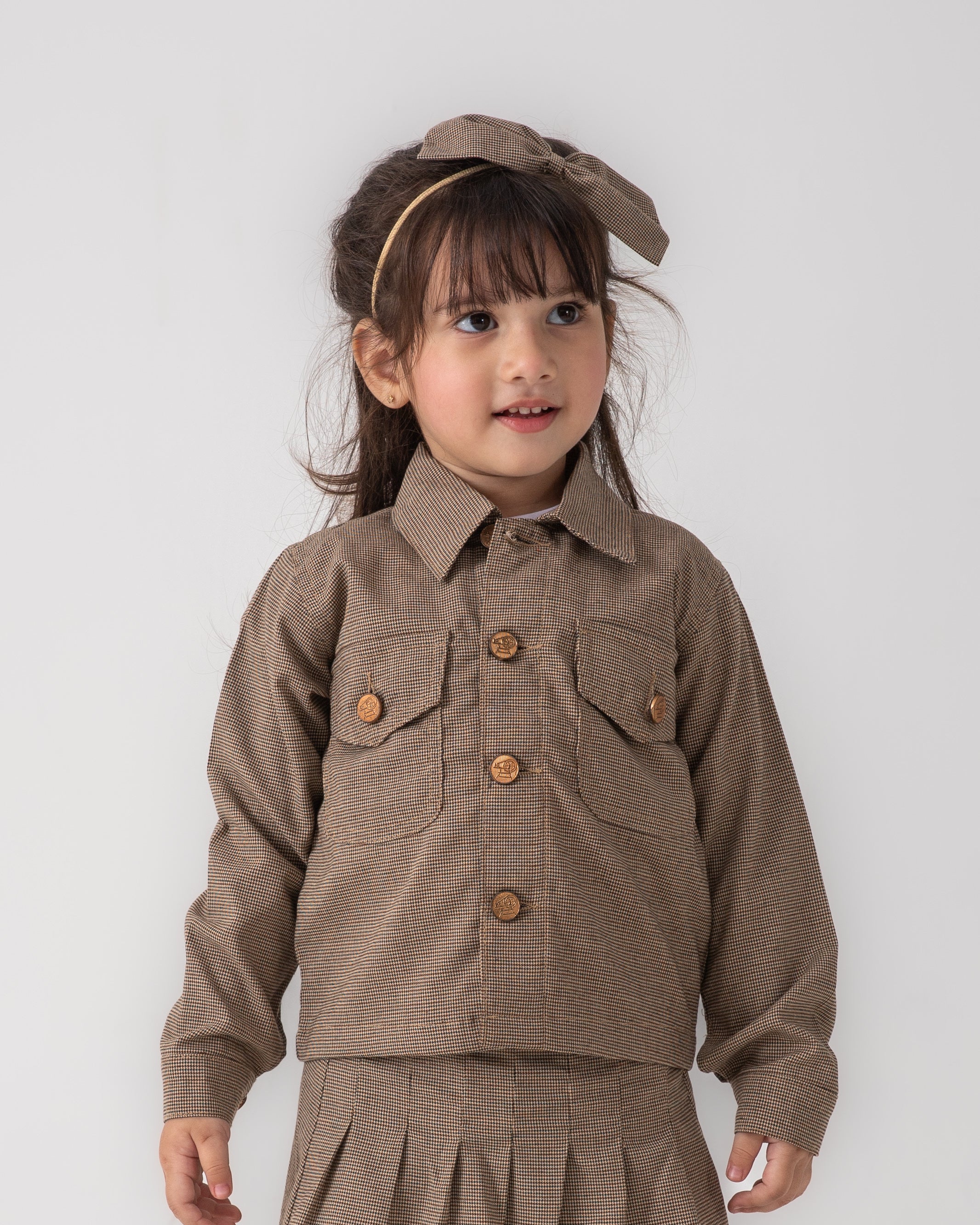 Brown Patterned Girls Jacket with Loom Buttons