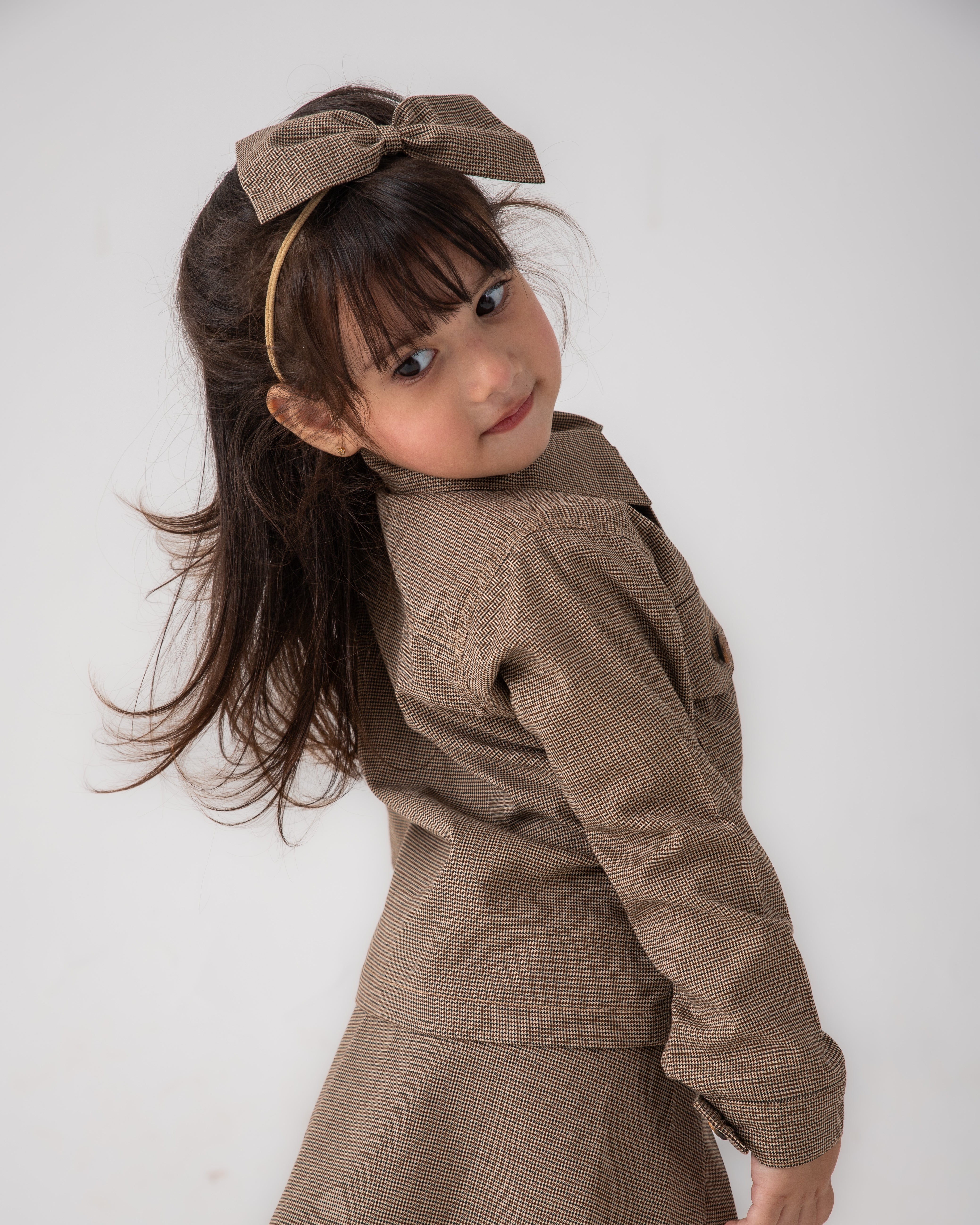 Brown Patterned Girls Jacket with Loom Buttons