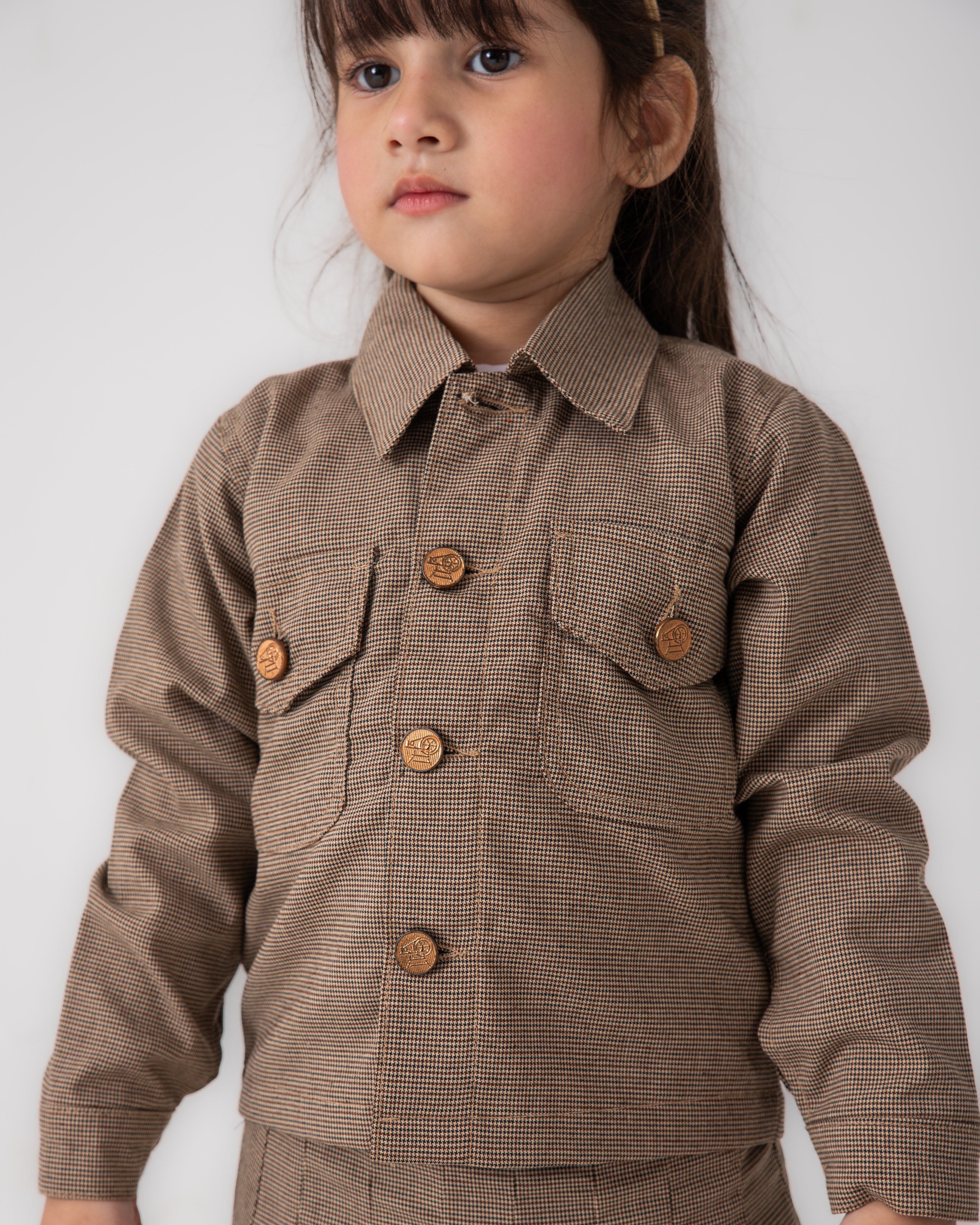 Brown Patterned Girls Jacket with Loom Buttons