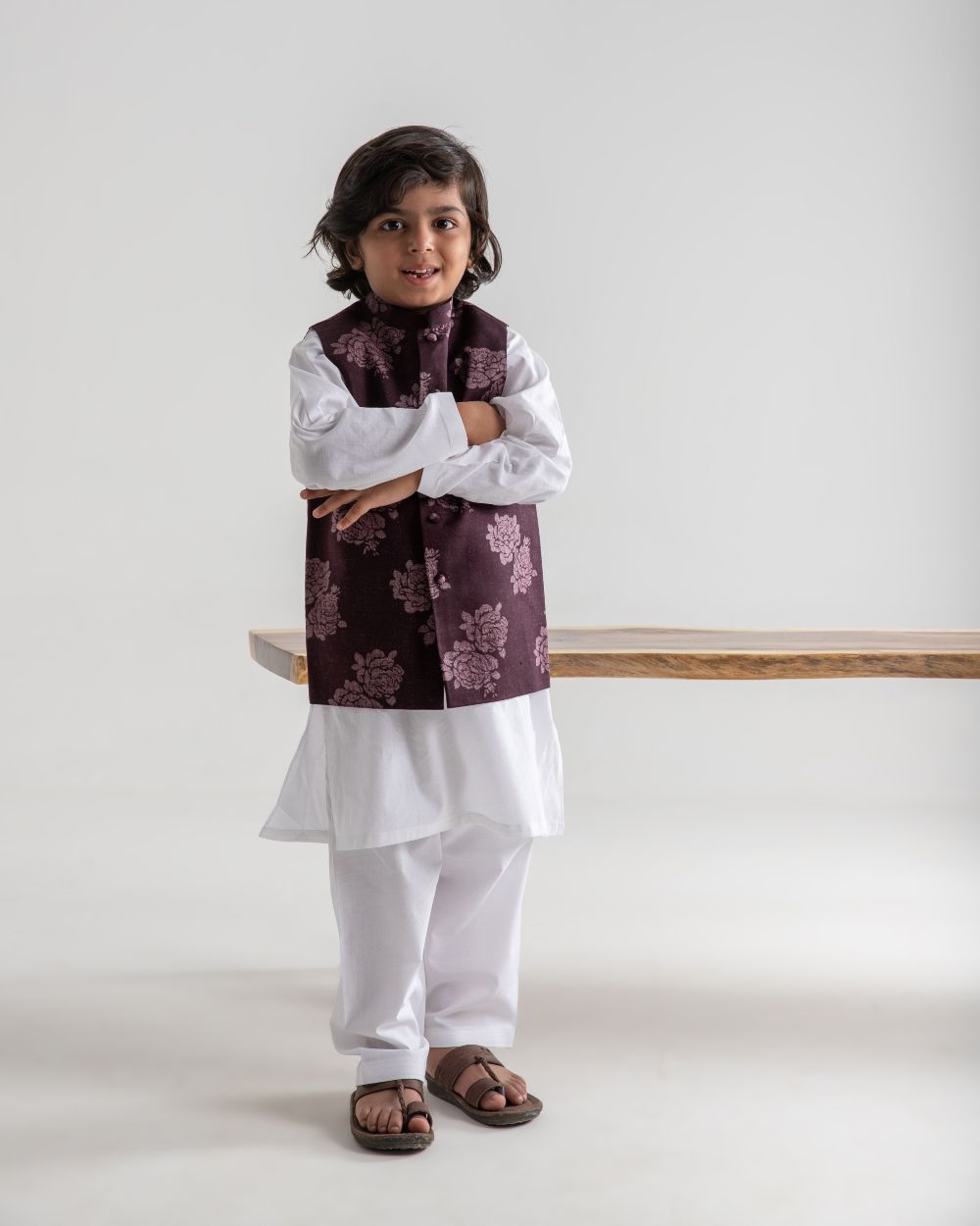 White Kurta Trouser And Floral Plum Waistcoat