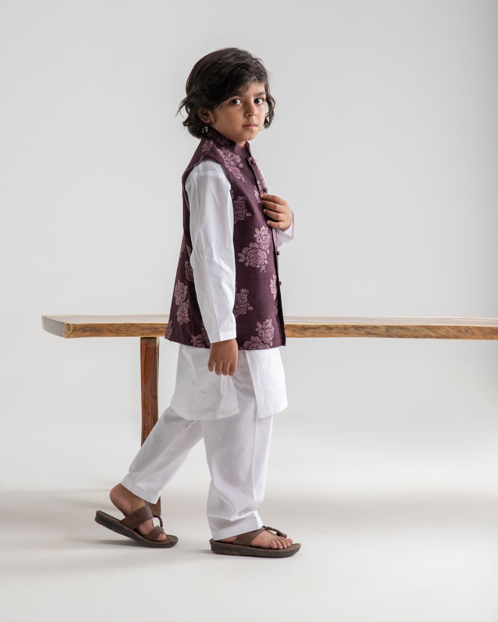 White Kurta Trouser And Floral Plum Waistcoat