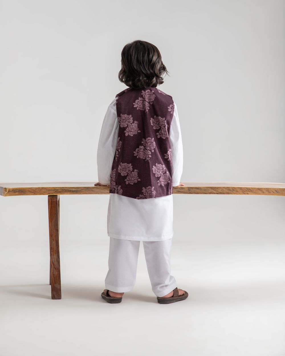 White Kurta Trouser And Floral Plum Waistcoat