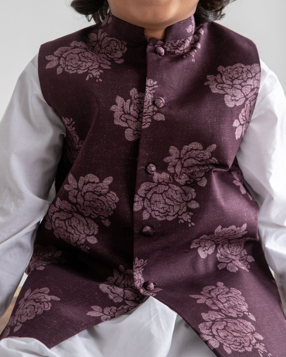 White Kurta Trouser And Floral Plum Waistcoat