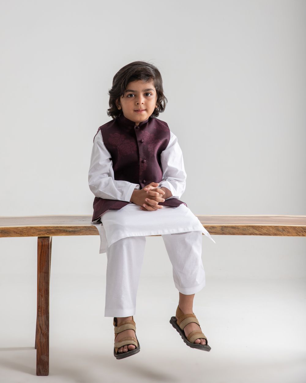 White Kurta Trouser And Violet Bloom Waistcoat