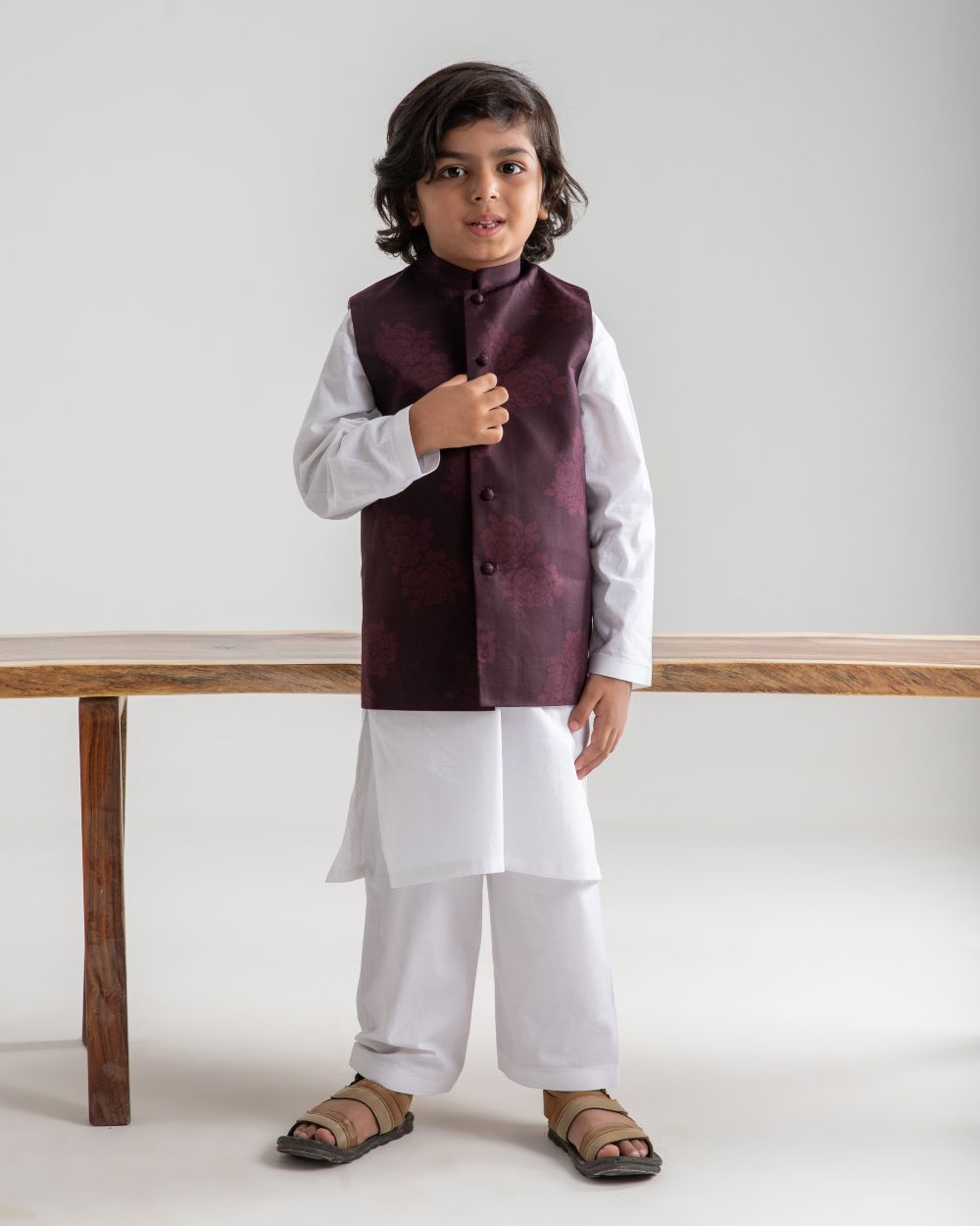 White Kurta Trouser And Violet Bloom Waistcoat