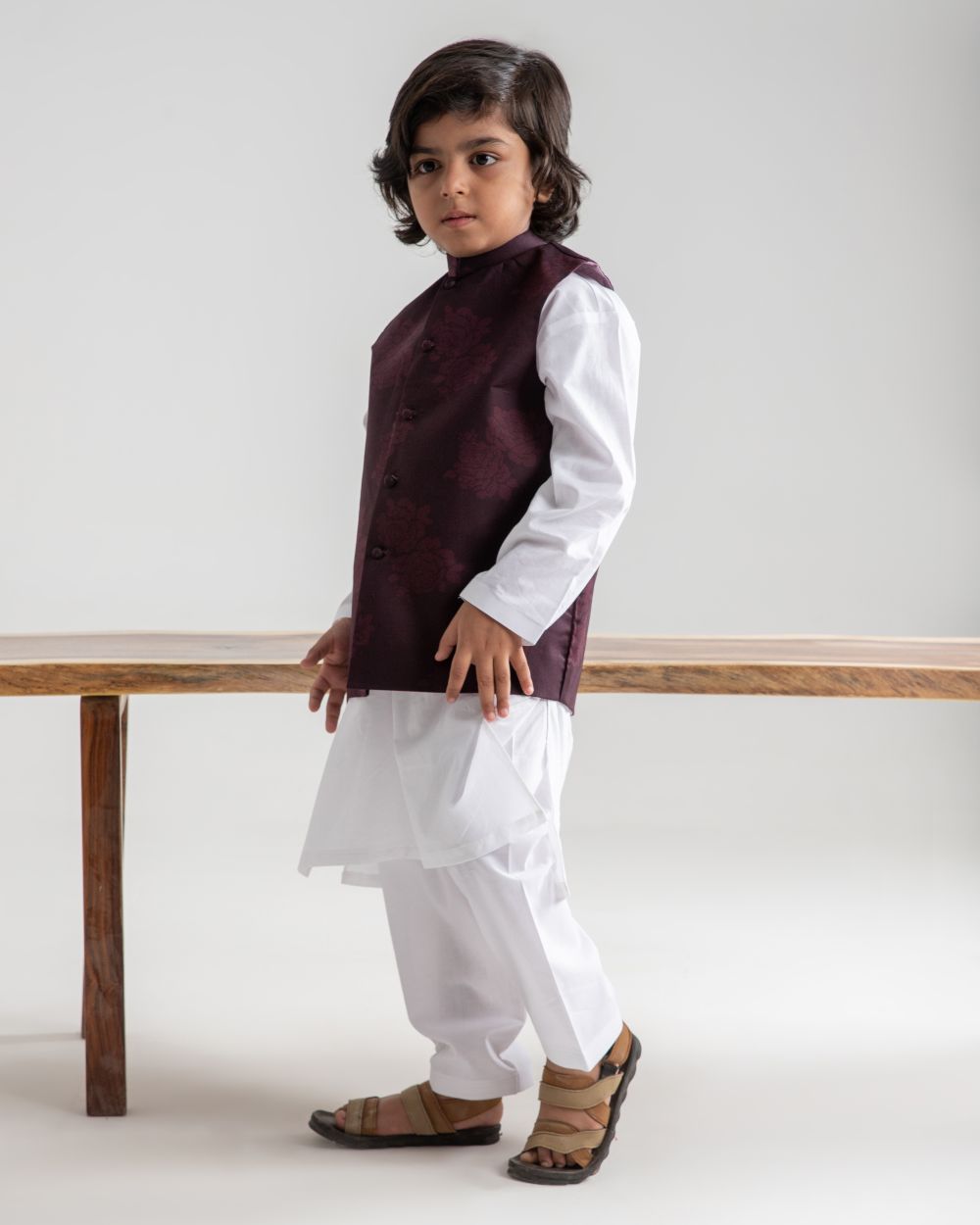 White Kurta Trouser And Violet Bloom Waistcoat