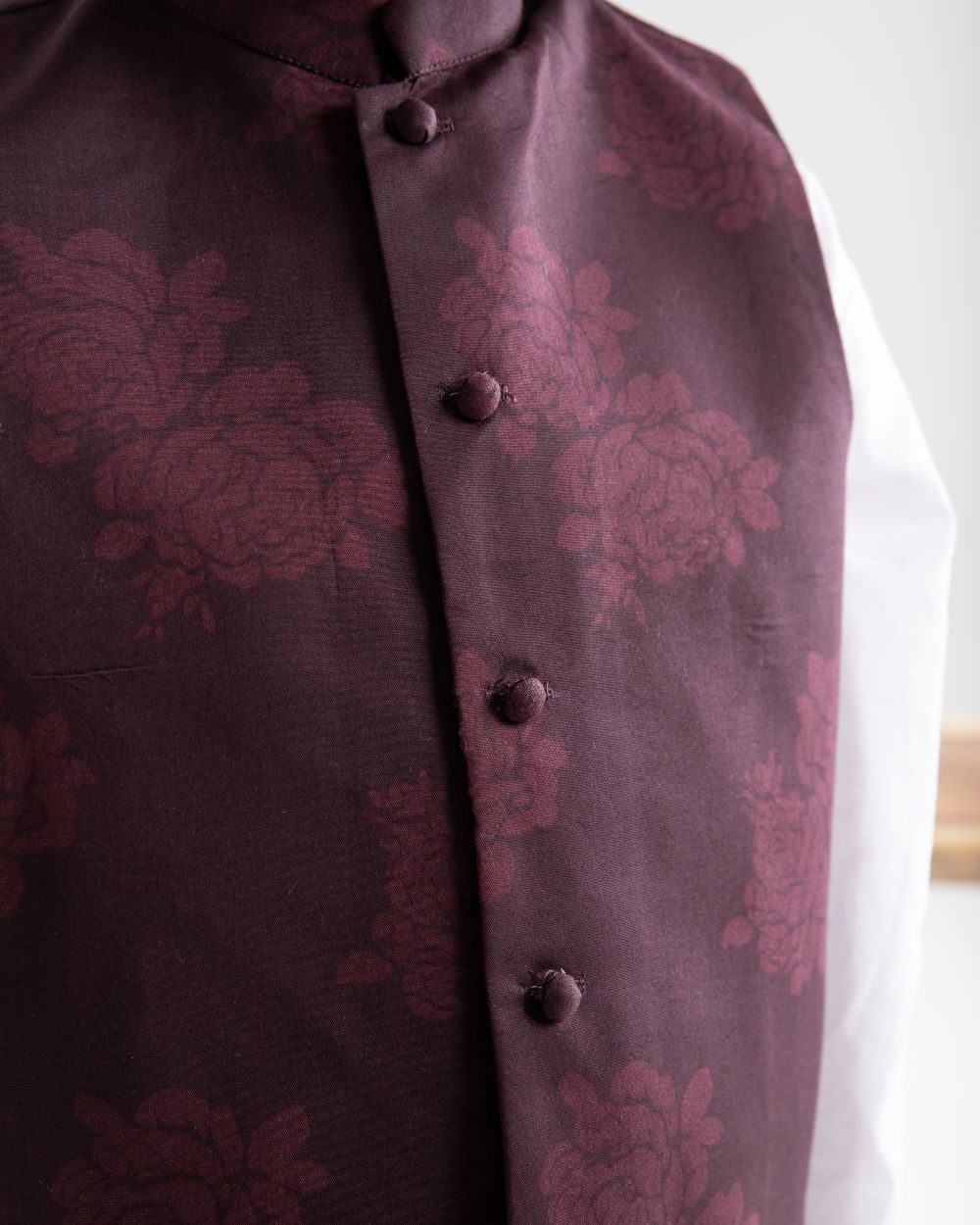 White Kurta Trouser And Violet Bloom Waistcoat