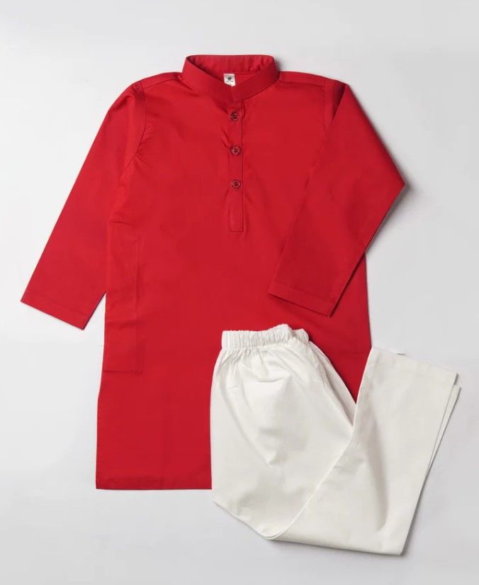 Red Kurta, White Trouser and White Printed Waistcoat Set