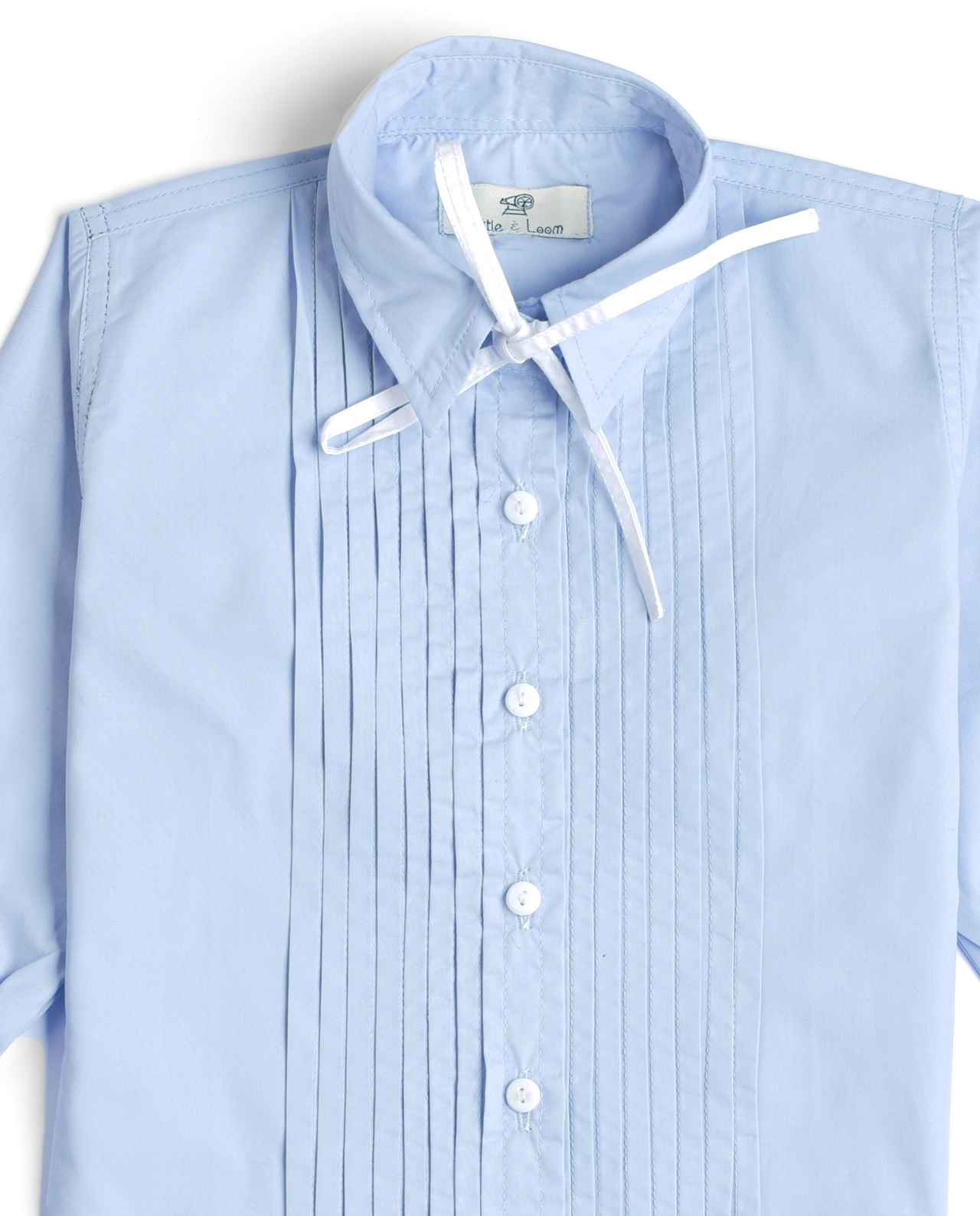 LIGHT BLUE PLEATED SHIRT WITH WHITE RIBBON