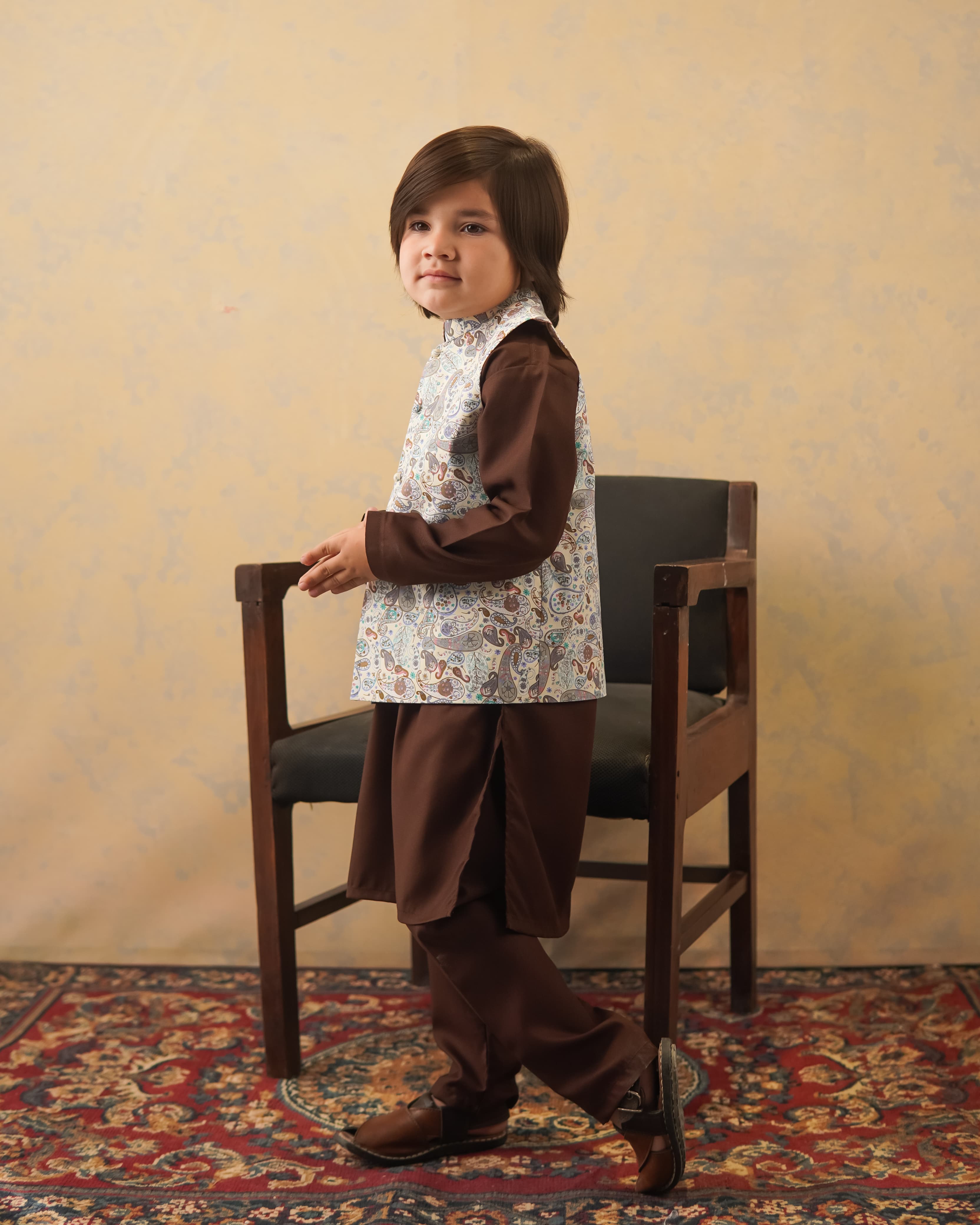 Brown Printed Waistcoat with Brown Kurta & Trouser 