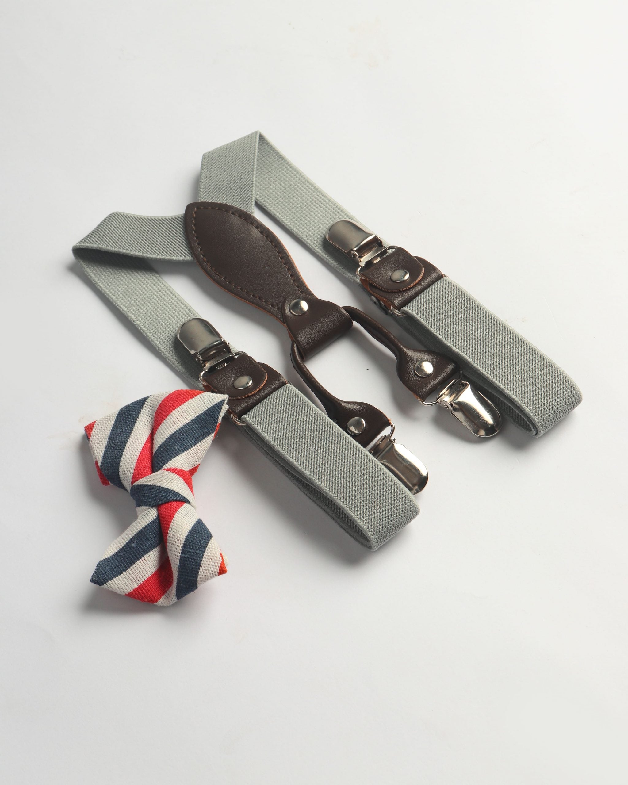 GREY SUSPENDER WITH RED/WHITE/BLUE BOW