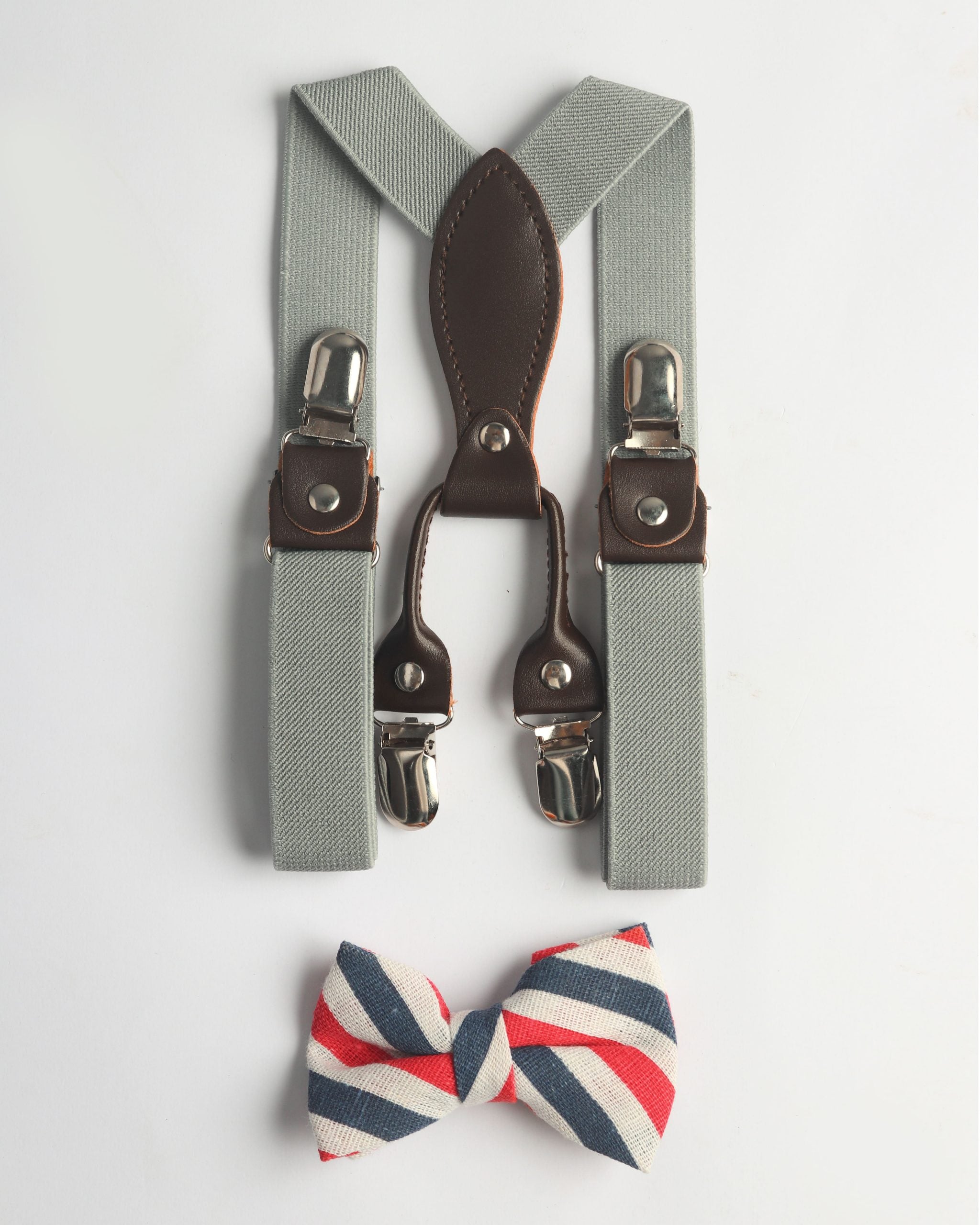 GREY SUSPENDER WITH RED/WHITE/BLUE BOW