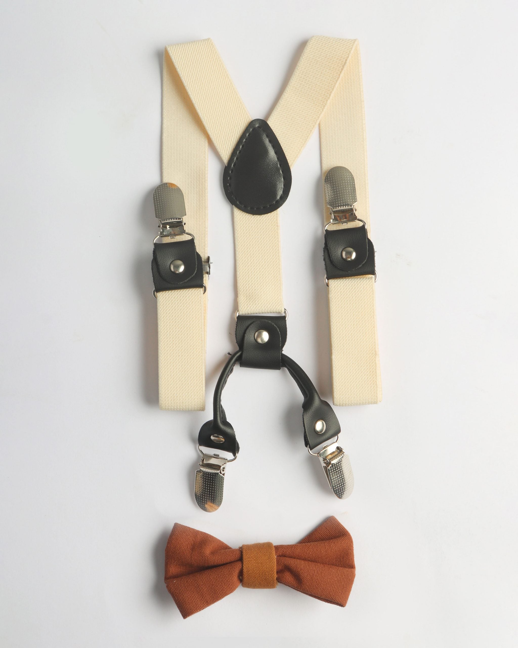 IVORY SUSPENDER WITH BROWN BOW TIE