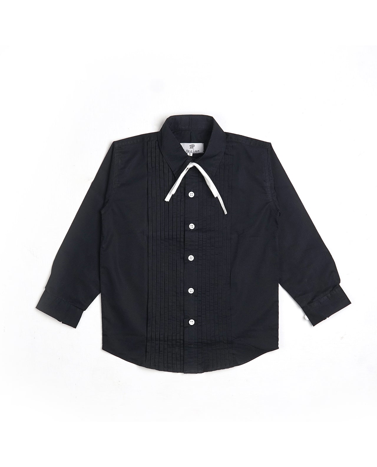 BLACK PLEATED SHIRT WITH WHITE RIBBON