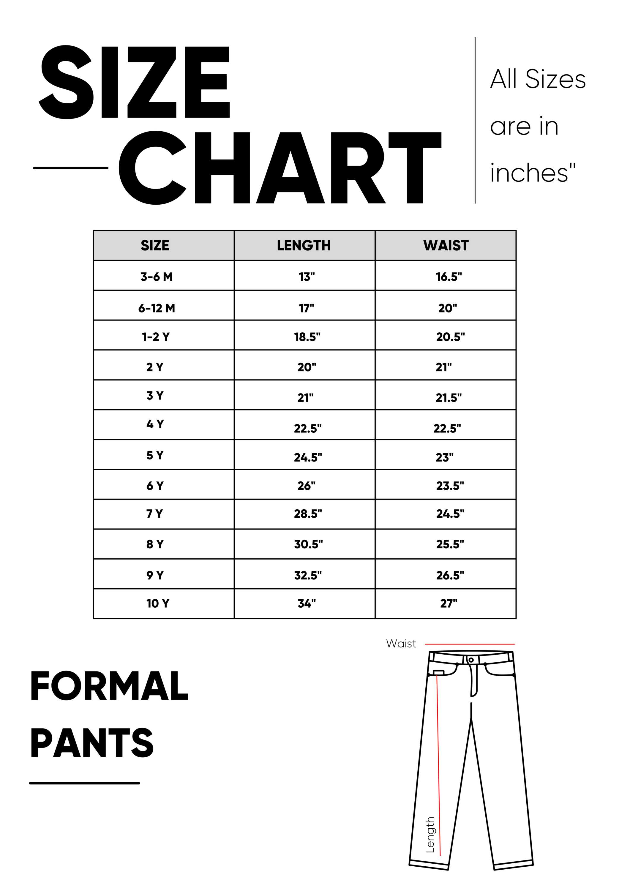 BLACK FORMAL PANTS SIZE CHART