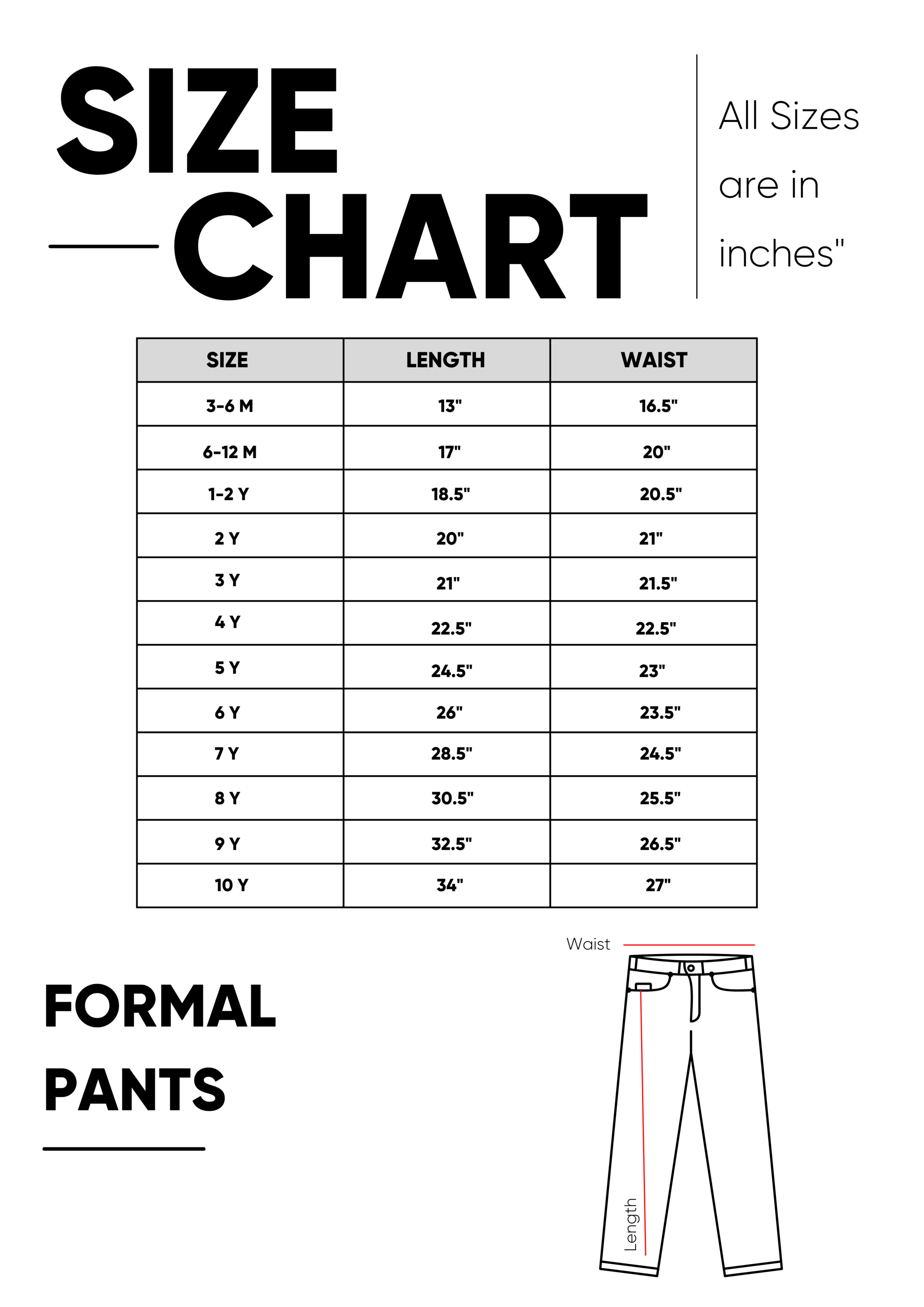 SO SUAVE FORMAL KIDS PANT SIZE CHART