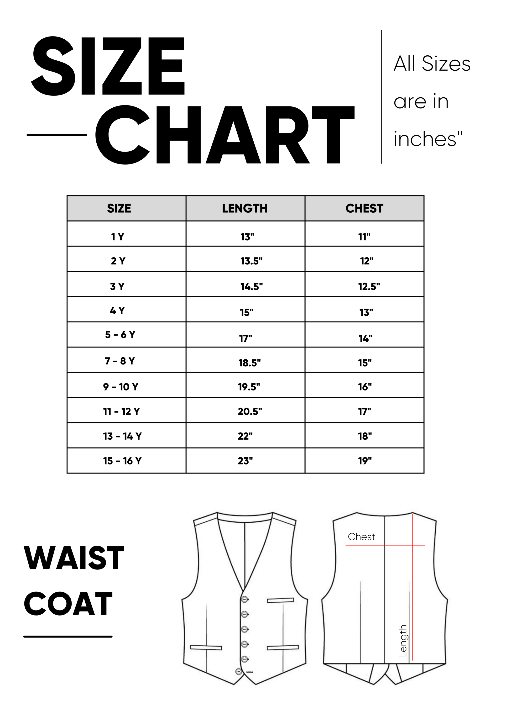 Waist Coat Size Chart